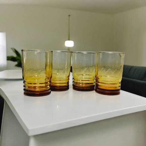 Vtg Amber Juice Glasses Tumbler Set Of 4 Optic Swirl by Libbey Malibu Honeycomb - Picture 12 of 14